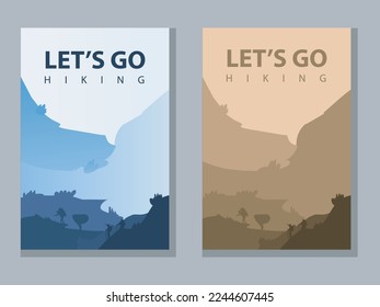 Juego de tarjetas de folleto de vectores. Concepto de viajes de descubrir, explorar y observar la naturaleza. Senderismo. Turismo de aventura. Plano plano de diseño de volante, revista, portada de libros, banner, invitación, afiche.