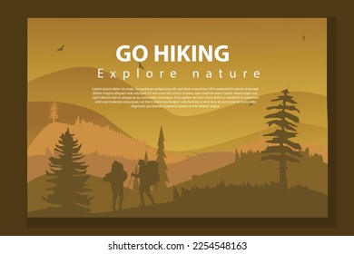 Vector brochure, cards set. Travel concept of discovering, exploring and observing nature. Hiking. Adventure tourism. Flat design template of flyer, magazine, book cover, banner, invitation, poster.