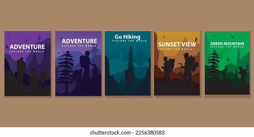 Vector brochure cards set. Travel concept of discovering, exploring and observing nature. Hiking. Adventure tourism. Flat design template of flyer, magazine, book cover, banner, invitation, poster.