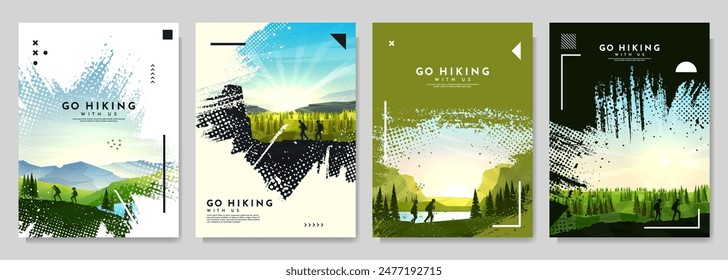 Vektorgrafik-Broschürenkarten-Set. Reisekonzept der Entdeckung, Erkundung und Beobachtung der Natur. Wandern. Abenteuertourismus. Design-Vorlage von Flyer, Magazin, Buchumschlag, Banner, Einladung, Poster, Layout