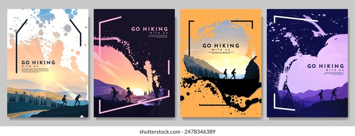 Vector brochure cards set. Travel concept of discovering, exploring and observing nature. Paint ink brush overlay. Flat design template of flyer, magazine, book cover, banner, invitation, poster