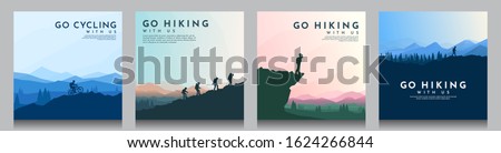 Vector brochure cards set. Travel concept of discovering, exploring and observing nature. Hiking. Climbing. Adventure tourism. Flat design for social media, blog post, poster, invitation. gift card.