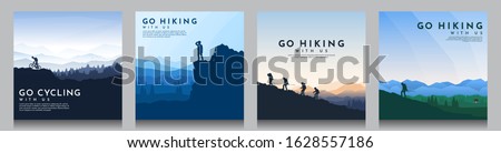 Vector brochure cards set. Travel concept of discovering, exploring and observing nature. Hiking. Climbing. Adventure tourism. Flat design for social media, blog post, poster, invitation. gift card.
