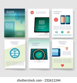 Vector brochure computer technology design templates collection. Applications and Infographic Concept. Flyer, Brochure Design Templates set. Modern flat design icons for mobile or smartphone. 