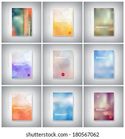 Vector brochure cover design collection. Modern polygonal, geometric, blurred bokeh, romantic, retro photographic style design. 