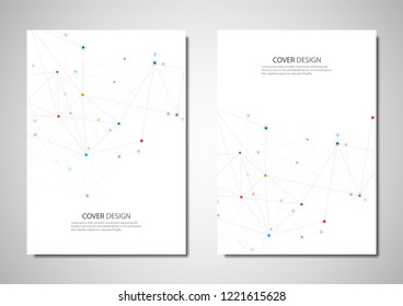 Vektorillustration Broschüre oder Cover Design.Geometrischer abstrakter Hintergrund mit verbundenen Punkten und Linien. Molekulare Struktur und Kommunikation. Digitale Technologie, Hintergrund und Netzwerkverbindung