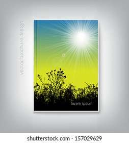 Vector brochure cover design template with nature background meadow grass silhouette against the sky with shining sun