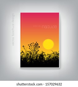 Vector brochure cover design template with nature background meadow grass silhouette at sunset