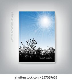 Vector brochure cover design template with nature background meadow grass silhouette against the blue sky with shining sun
