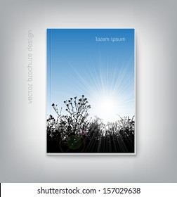 Vector brochure cover design template with nature background meadow grass silhouette against the blue sky with shining sun