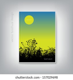 Vector brochure cover design template with nature background meadow grass silhouette 