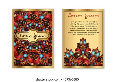 Vector brochure cover with flower mandala pattern and gold frame. Vector card oriental design Layout template. Islam, Arabic, Indian, ottoman motifs. For salon, shop, menu or gift card. - stock vector