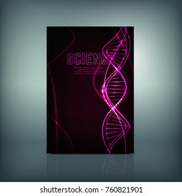 Vector brochure cover template with glowing DNA image. Modern scientific background for poster, print, book, booklet, brochure and leaflet design. Editable graphic image in vinous metallic color.