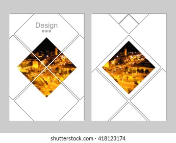 Vector brochure cover templates with  blurred night cityscape in pixels. 