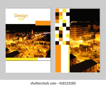 Vector brochure cover templates with  blurred night cityscape in pixels.