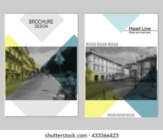 Vector brochure cover templates with blurred cityscape. Mesh background.