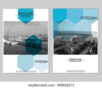 Vector brochure cover templates with blurred seaport. Business brochure cover design. EPS 10. Mesh background.