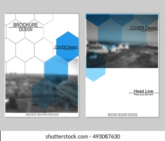 Vector brochure cover templates with blurred cityscape. EPS 10. Mesh background.