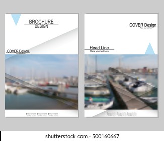 Vector brochure cover templates with blurred seaport. Business brochure cover design. EPS 10. Mesh background.