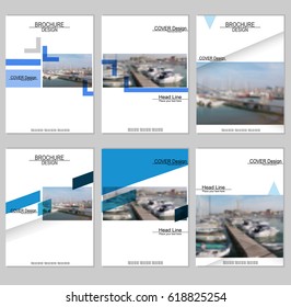Vector brochure cover templates with blurred seaport. Business brochure cover design. EPS 10. Mesh background.
