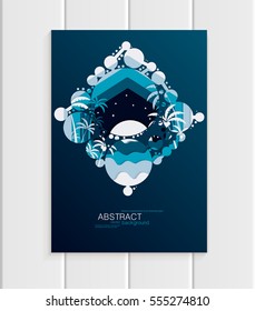 Vector brochure design business template abstract nature palm trees, sea, abstract circles unusual landscape, on blue background for printed material, greeting card, cover, corporate identity