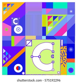 Vector Brochure design with letter C. Annual report vector illustration template. Fun Holiday business catalog and magazine cover. Memphis style poster template presentation graphic elements.