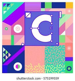 Vector Brochure design with letter C. Annual report vector illustration template. Fun Holiday business catalog and magazine cover. Memphis style poster template presentation graphic elements.