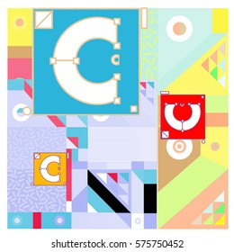 Vector Brochure design with letter C. Illustration background template for poster. Fun Holiday business catalog and magazine cover. Memphis style design visual presentation graphic elements.
