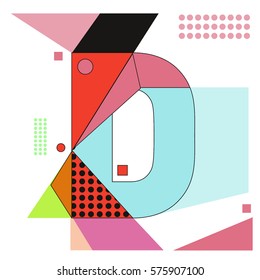 Vector Brochure design with letter D. Illustration background template for poster. Fun Holiday business catalog and magazine cover. Memphis style design visual presentation graphic elements.