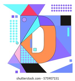Vector Brochure design with letter D. Illustration background template for poster. Fun Holiday business catalog and magazine cover. Memphis style design visual presentation graphic elements.