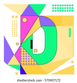 Vector Brochure design with letter D. Illustration background template for poster. Fun Holiday business catalog and magazine cover. Memphis style design visual presentation graphic elements.