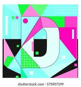 Vector Brochure design with letter D. Illustration background template for poster. Fun Holiday business catalog and magazine cover. Memphis style design visual presentation graphic elements.