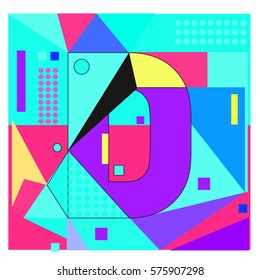 Vector Brochure design with letter D. Illustration background template for poster. Fun Holiday business catalog and magazine cover. Memphis style design visual presentation graphic elements.