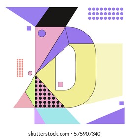 Vector Brochure design with letter D. Illustration background template for poster. Fun Holiday business catalog and magazine cover. Memphis style design visual presentation graphic elements.