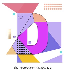 Vector Brochure design with letter D. Illustration background template for poster. Fun Holiday business catalog and magazine cover. Memphis style design visual presentation graphic elements.