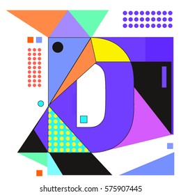 Vector Brochure design with letter D. Illustration background template for poster. Fun Holiday business catalog and magazine cover. Memphis style design visual presentation graphic elements.