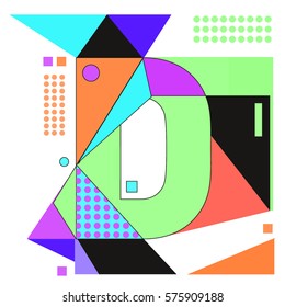 Vector Brochure design with letter D. Illustration background template for poster. Fun Holiday business catalog and magazine cover. Memphis style design visual presentation graphic elements.