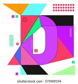 Vector Brochure design with letter D. Illustration background template for poster. Fun Holiday business catalog and magazine cover. Memphis style design visual presentation graphic elements.