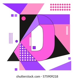 Vector Brochure design with letter D. Illustration background template for poster. Fun Holiday business catalog and magazine cover. Memphis style design visual presentation graphic elements.