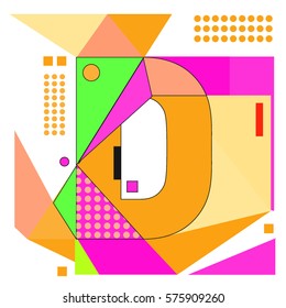 Vector Brochure design with letter D. Illustration background template for poster. Fun Holiday business catalog and magazine cover. Memphis style design visual presentation graphic elements.