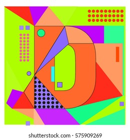 Vector Brochure design with letter D. Illustration background template for poster. Fun Holiday business catalog and magazine cover. Memphis style design visual presentation graphic elements.