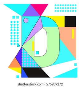 Vector Brochure design with letter D. Illustration background template for poster. Fun Holiday business catalog and magazine cover. Memphis style design visual presentation graphic elements.