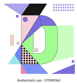 Vector Brochure design with letter D. Illustration background template for poster. Fun Holiday business catalog and magazine cover. Memphis style design visual presentation graphic elements.