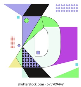 Vector Brochure design with letter D. Illustration background template for poster. Fun Holiday business catalog and magazine cover. Memphis style design visual presentation graphic elements.