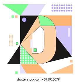 Vector Brochure design with letter D. Illustration background template for poster. Fun Holiday business catalog and magazine cover. Memphis style design visual presentation graphic elements.