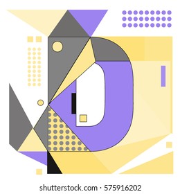 Vector Brochure design with letter D. Illustration background template for poster. Fun Holiday business catalog and magazine cover. Memphis style design visual presentation graphic elements.