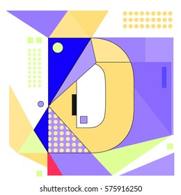 Vector Brochure design with letter D. Illustration background template for poster. Fun Holiday business catalog and magazine cover. Memphis style design visual presentation graphic elements.