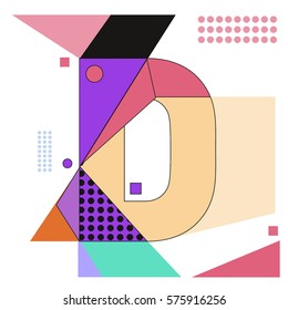 Vector Brochure design with letter D. Illustration background template for poster. Fun Holiday business catalog and magazine cover. Memphis style design visual presentation graphic elements.