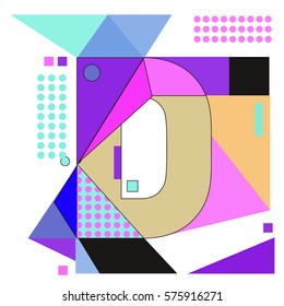 Vector Brochure design with letter D. Illustration background template for poster. Fun Holiday business catalog and magazine cover. Memphis style design visual presentation graphic elements.
