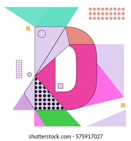 Vector Brochure design with letter D. Illustration background template for poster. Fun Holiday business catalog and magazine cover. Memphis style design visual presentation graphic elements.